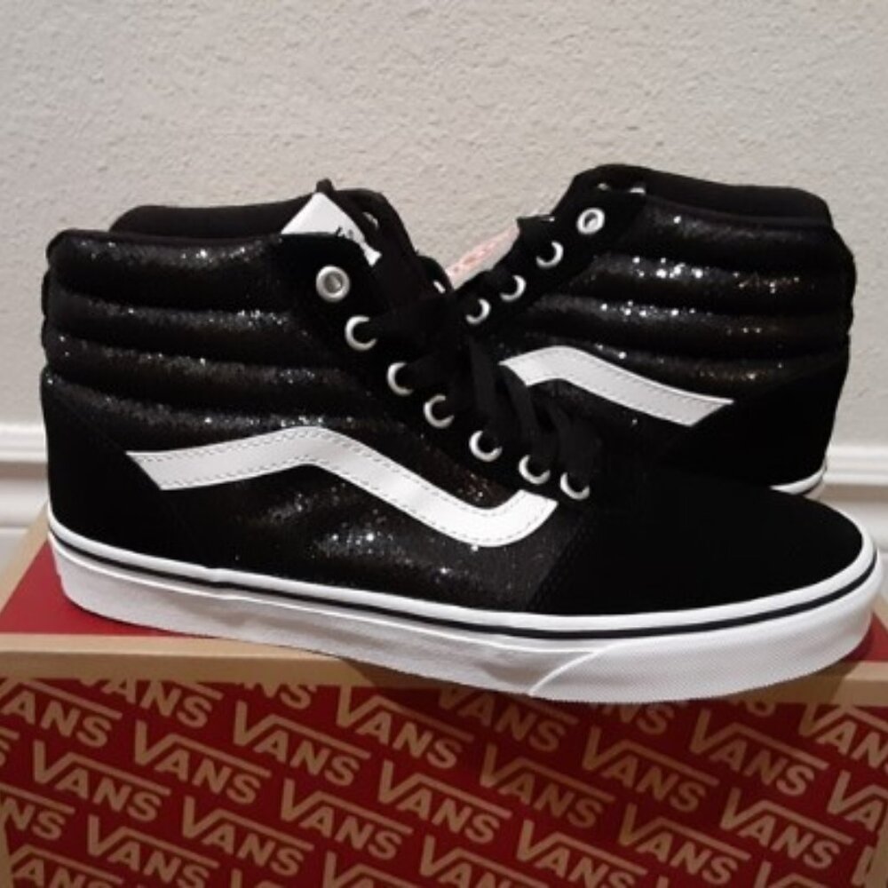 EUC Vans Ward Hi Top Suede and Black Sparkle Sneaker Skate Shoes Size 8 + box